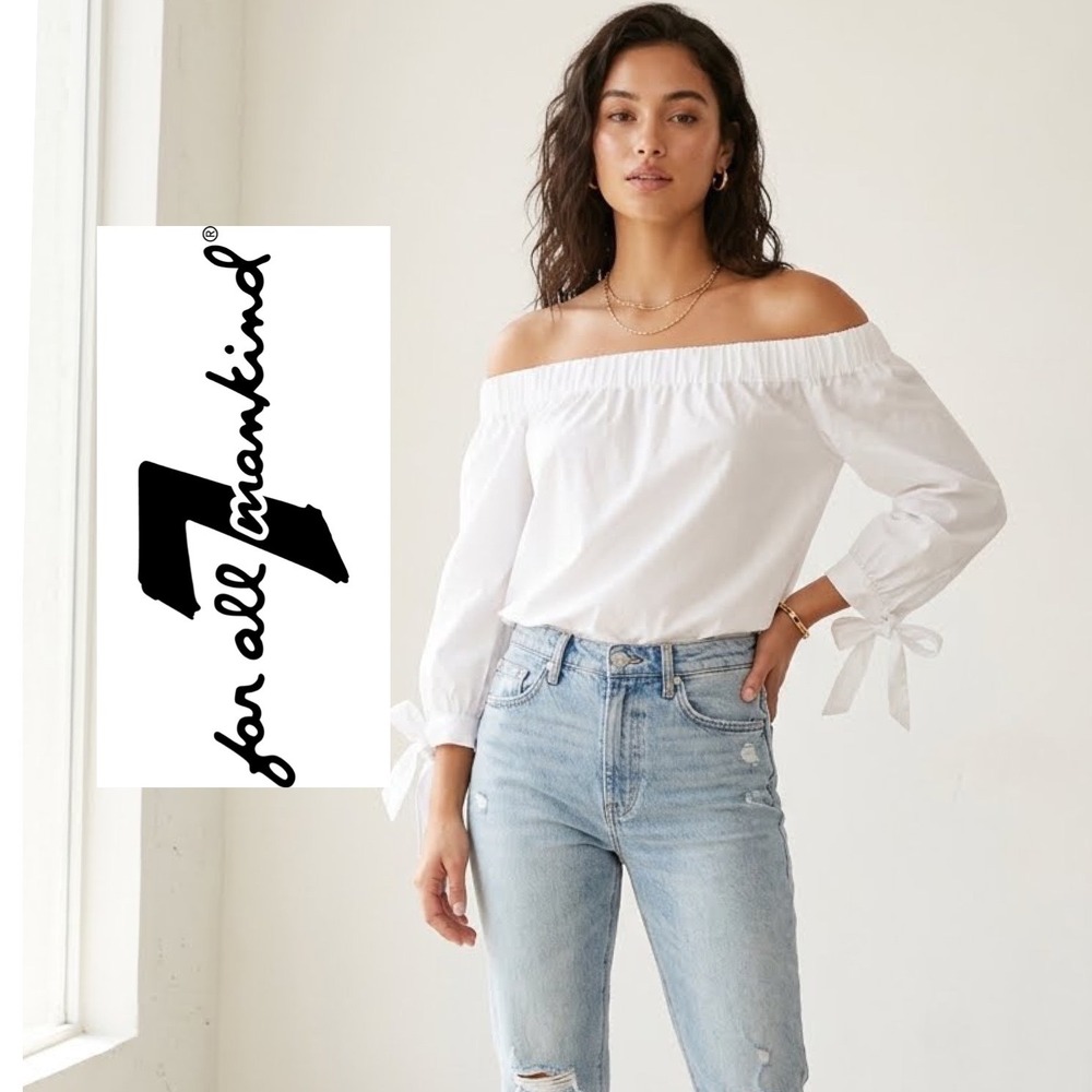 7 For All Mankind White Off The Shoulder Tie Cuff Blouse Fairycore Minimalist